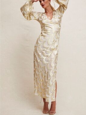 Jen's Pirate Booty Gold and White Scallop Sequin Maxi Dress